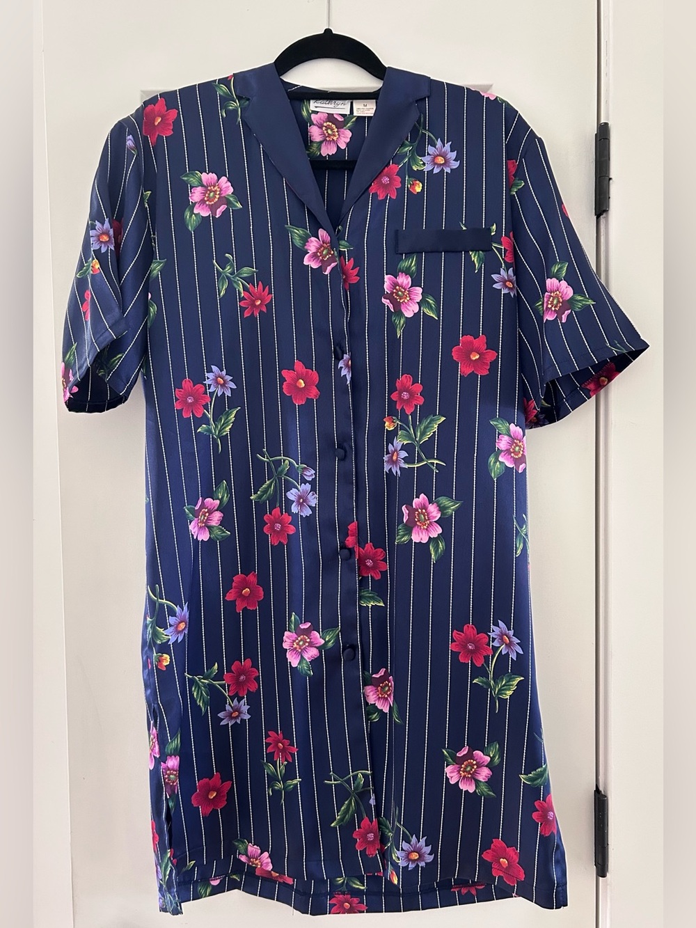 Vintage Navy Floral pinstripe Button-Front sleep Shirt Dress